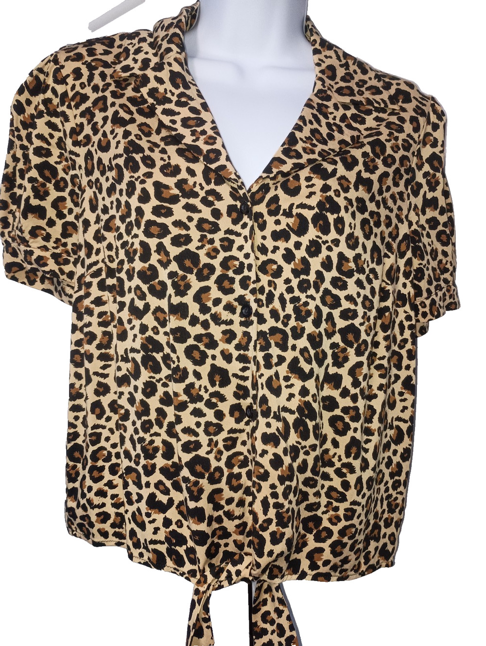 Hot Topic Leopard Cheetah Print Front Tie Shirt Women L Retro Grunge Casual